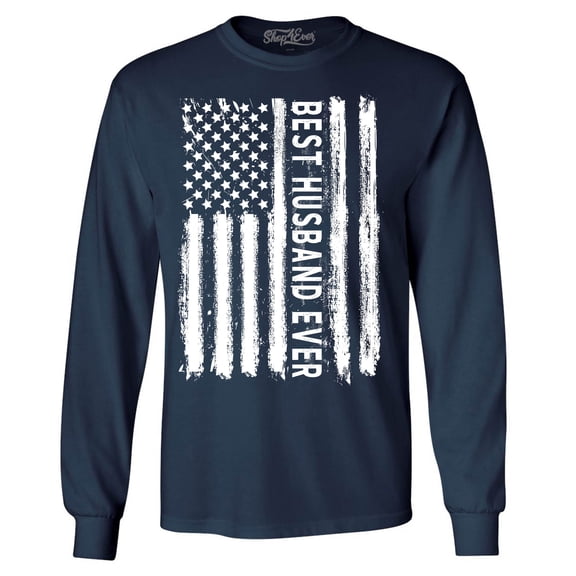 Shop4Ever Men's Best Husband Ever American Flag Patriotic Long Sleeve Shirt Small Navy
