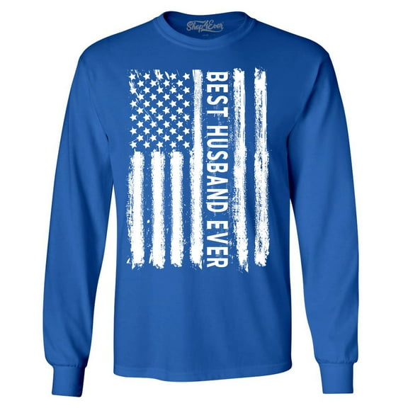 Shop4Ever Men's Best Husband Ever American Flag Patriotic Long Sleeve Shirt X-Large Royal Blue