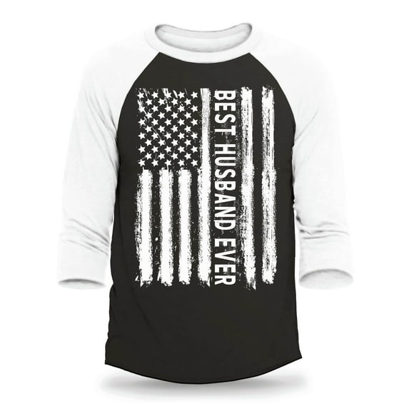 Shop4Ever Men's Best Husband Ever American Flag Patriotic Raglan Baseball Shirt Small Black/White