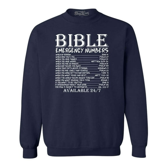 Shop4Ever Men's Bible Emergency Numbers Verses Available 24/7 Crewneck Sweatshirt Small Navy