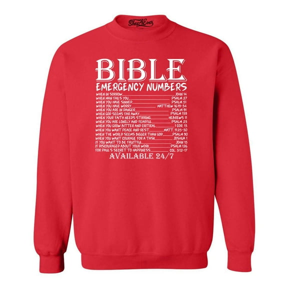 Shop4Ever Men's Bible Emergency Numbers Verses Available 24/7 Crewneck Sweatshirt X-Large Red