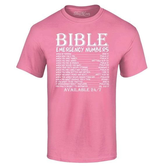 Shop4Ever Men's Bible Emergency Numbers Verses Available 24/7 Graphic T-shirt Medium Azalea Pink
