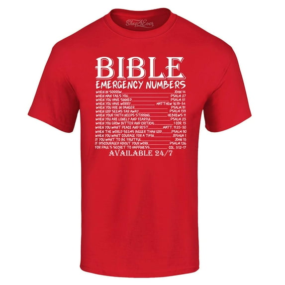 Shop4Ever Men's Bible Emergency Numbers Verses Available 24/7 Graphic T-shirt Small Red