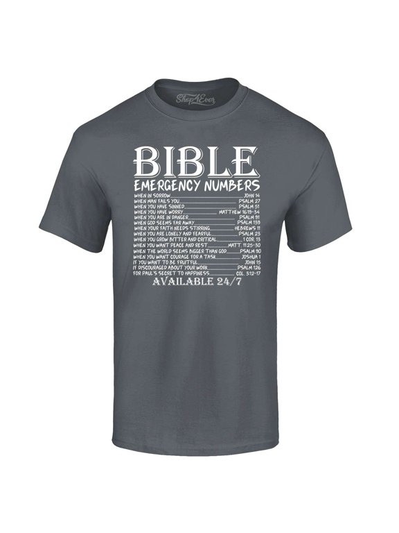 Men's Bible Emergency Numbers Verses Available 24/7 Graphic T-shirt X-Large Charcoal
