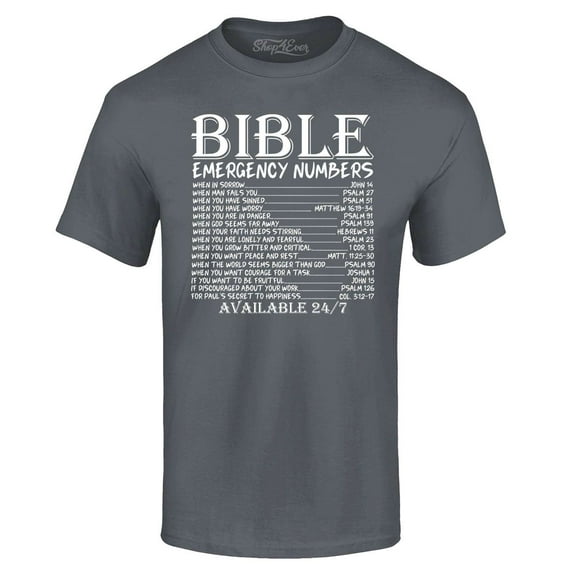 Shop4Ever Men's Bible Emergency Numbers Verses Available 24/7 Graphic T-shirt XXXXX-Large Charcoal