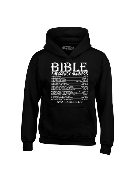Men's Bible Emergency Numbers Verses Available 24/7 Hooded Sweatshirt Hoodie Large Black