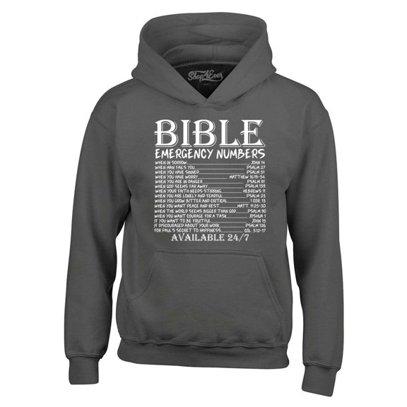 Shop4Ever Men's Bible Emergency Numbers Verses Available 24/7 Hooded Sweatshirt Hoodie Large Charcoal