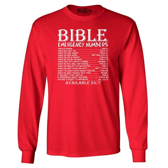 Shop4Ever Men's Bible Emergency Numbers Verses Available 24/7 Long Sleeve Shirt Small Red