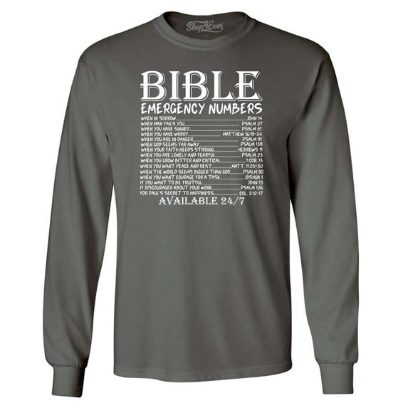 Shop4Ever Men's Bible Emergency Numbers Verses Available 24/7 Long Sleeve Shirt XX-Large Charcoal