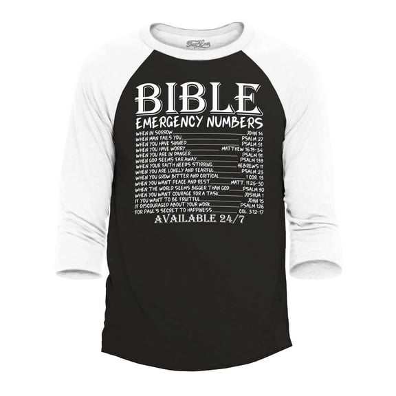 Shop4Ever Men's Bible Emergency Numbers Verses Available 24/7 Raglan Baseball Shirt Medium Black/White