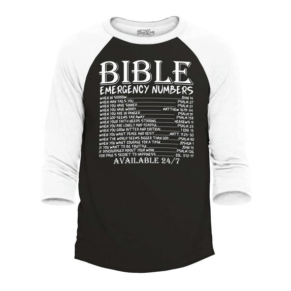 Shop4Ever Men's Bible Emergency Numbers Verses Available 24/7 Raglan Baseball Shirt XX-Large Black/White