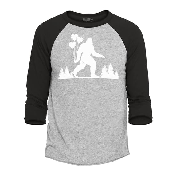 Shop4Ever Men's Big Foot with Heart Balloons Raglan Baseball Shirt Large Heather Grey/Black