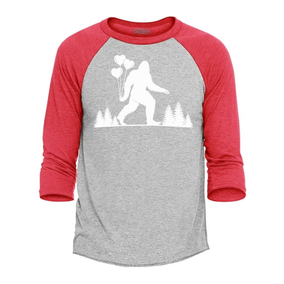 Shop4Ever Men's Big Foot with Heart Balloons Raglan Baseball Shirt Small Heather Grey/Red