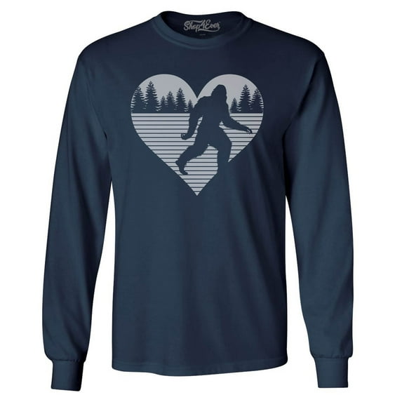 Shop4Ever Men's Bigfoot Heart Love Sasquatch Valentine Long Sleeve Shirt XXX-Large Navy