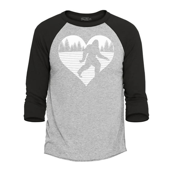 Shop4Ever Men's Bigfoot Heart Love Sasquatch Valentine Raglan Baseball Shirt Medium Heather Grey/Black