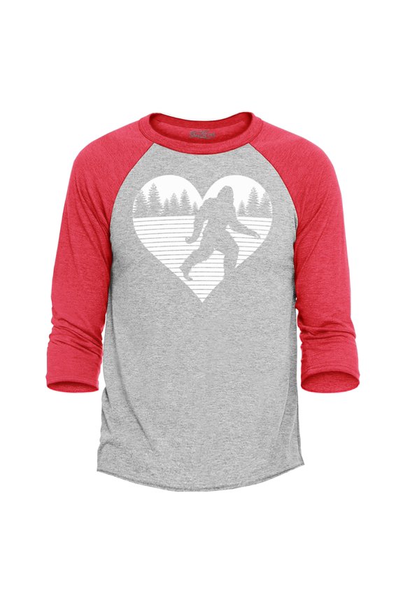Men's Bigfoot Heart Love Sasquatch Valentine Raglan Baseball Shirt Small Heather Grey/Red