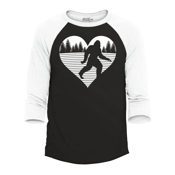 Shop4Ever Men's Bigfoot Heart Love Sasquatch Valentine Raglan Baseball Shirt X-Large Black/White