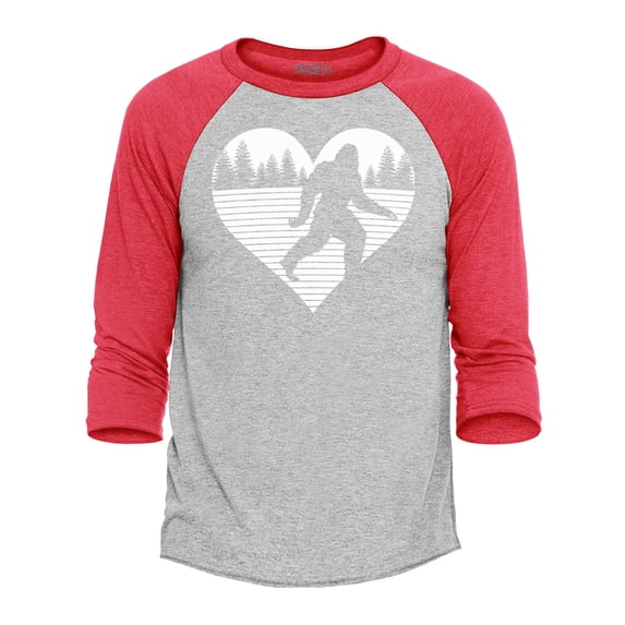 Shop4Ever Men's Bigfoot Heart Love Sasquatch Valentine Raglan Baseball Shirt X-Large Heather Grey/Red
