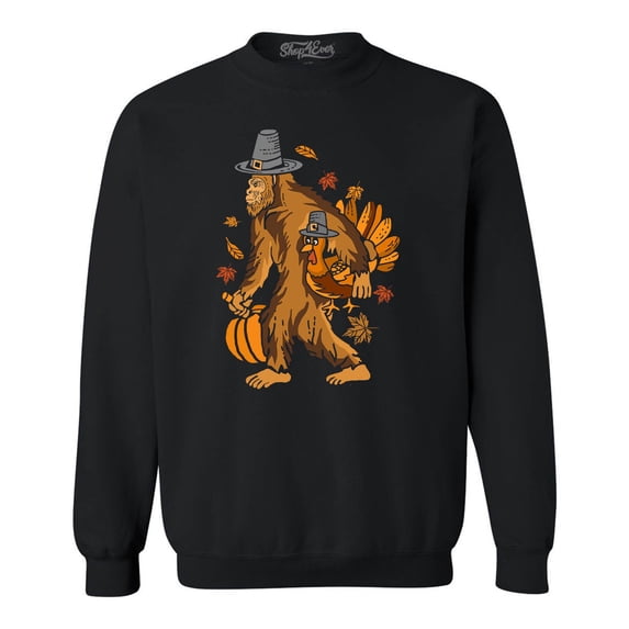 Shop4Ever Men's Bigfoot Pilgrim Turkey Pumpkin Thanksgiving Sasquatch Crewneck Sweatshirt XXXXX-Large Black