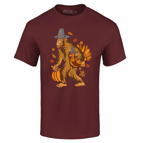 Shop4Ever Men's Bigfoot Pilgrim Turkey Pumpkin Thanksgiving Sasquatch Graphic T-shirt XX-Large Maroon