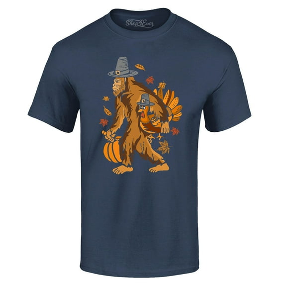 Shop4Ever Men's Bigfoot Pilgrim Turkey Pumpkin Thanksgiving Sasquatch Graphic T-shirt XXX-Large Navy