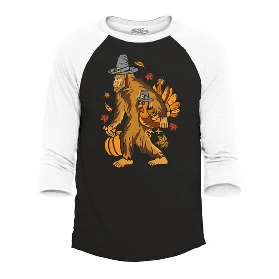 Shop4Ever Men's Bigfoot Pilgrim Turkey Pumpkin Thanksgiving Sasquatch Raglan Baseball Shirt Large Black/White