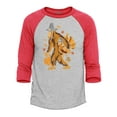 thumbnail image 1 of Shop4Ever Men's Bigfoot Pilgrim Turkey Pumpkin Thanksgiving Sasquatch Raglan Baseball Shirt X-Small Heather Grey/Red, 1 of 4
