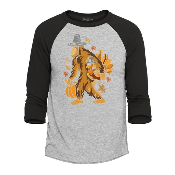 Shop4Ever Men's Bigfoot Pilgrim Turkey Pumpkin Thanksgiving Sasquatch Raglan Baseball Shirt XXX-Large Heather Grey/Black