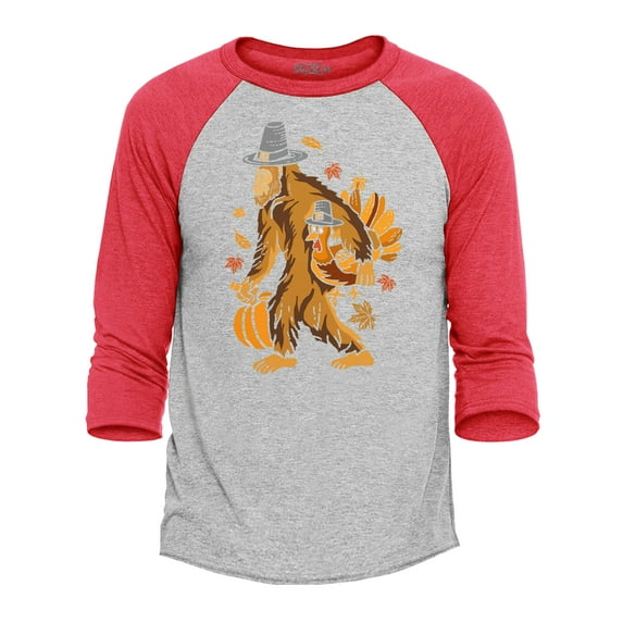 Shop4Ever Men's Bigfoot Pilgrim Turkey Pumpkin Thanksgiving Sasquatch Raglan Baseball Shirt XXX-Large Heather Grey/Red