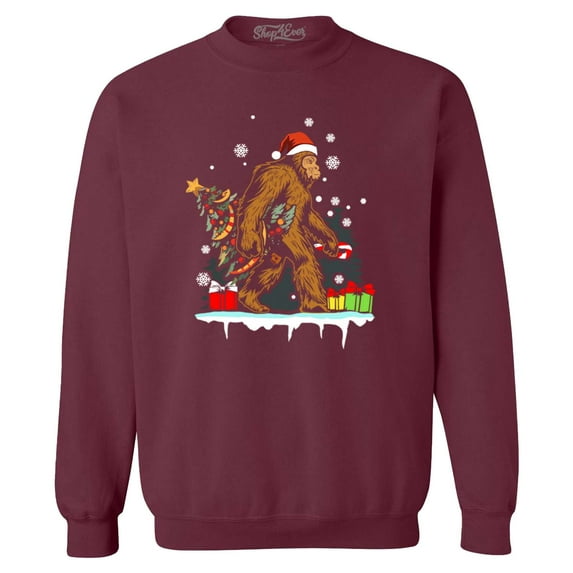 Shop4Ever Men's Bigfoot Santa Christmas Tree Toy Sack Sasquatch Crewneck Sweatshirt X-Large Maroon