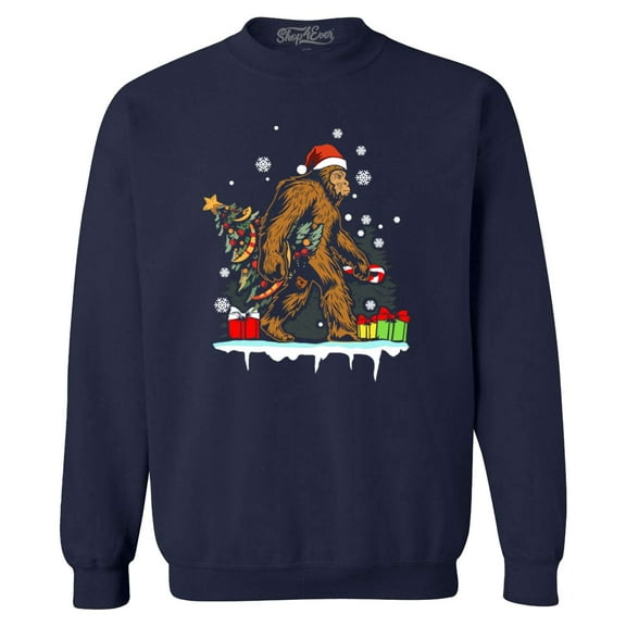 Shop4Ever Men's Bigfoot Santa Christmas Tree Toy Sack Sasquatch Crewneck Sweatshirt XX-Large Navy