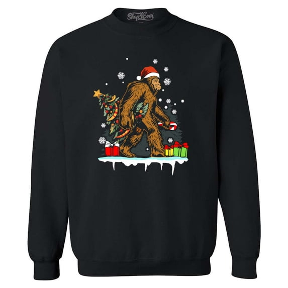 Shop4Ever Men's Bigfoot Santa Christmas Tree Toy Sack Sasquatch Crewneck Sweatshirt XXXXX-Large Black