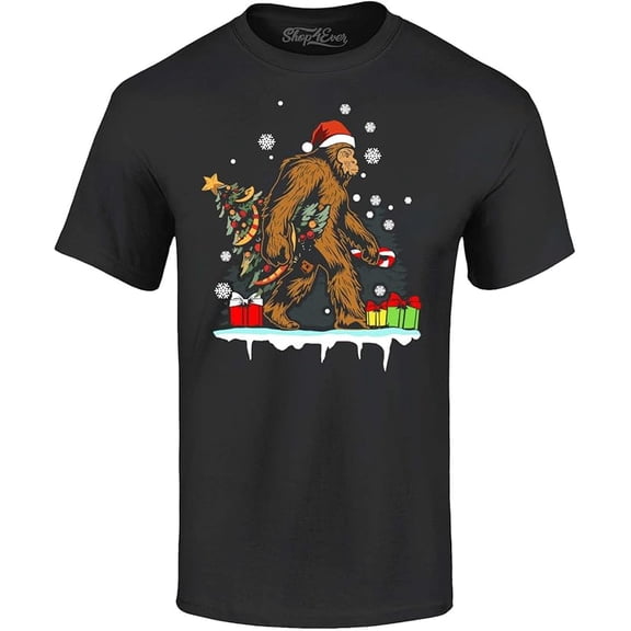 Shop4Ever Men's Bigfoot Santa Christmas Tree Toy Sack Sasquatch Graphic T-shirt Medium Black