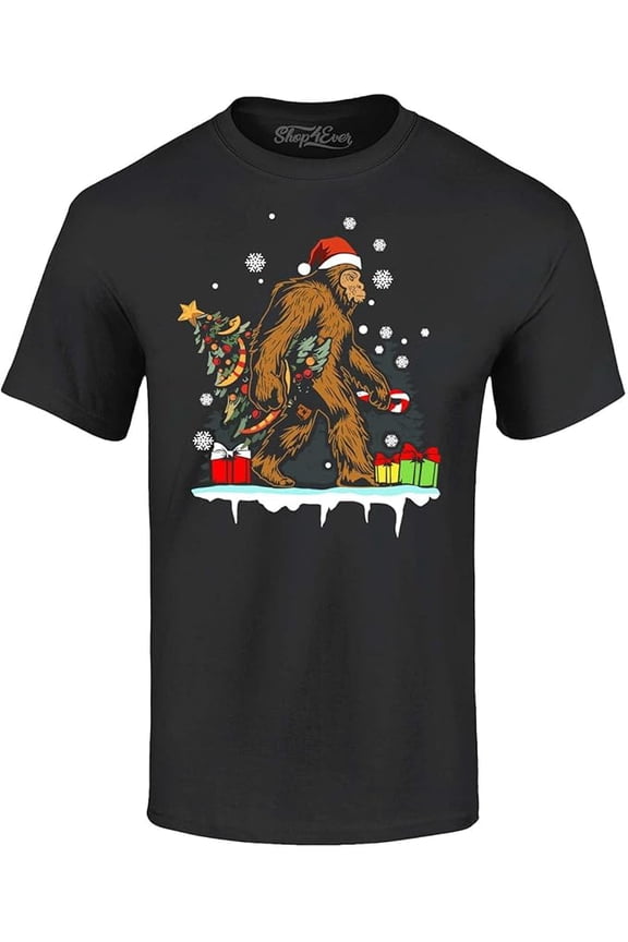 Men's Bigfoot Santa Christmas Tree Toy Sack Sasquatch Graphic T-shirt X-Large Black
