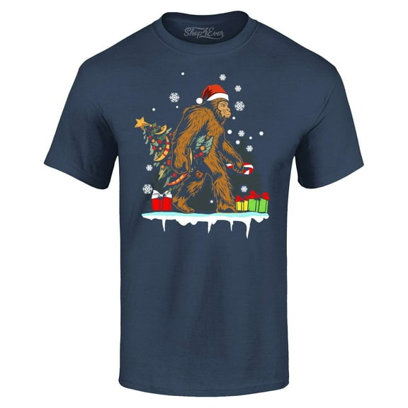 Shop4Ever Men's Bigfoot Santa Christmas Tree Toy Sack Sasquatch Graphic T-shirt X-Large Navy