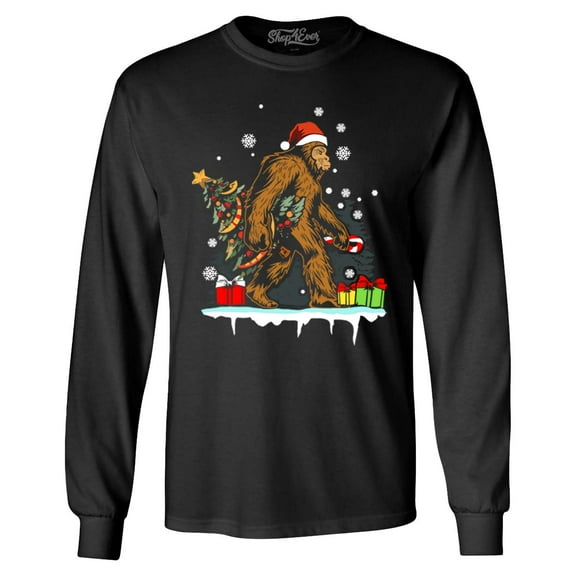 Shop4Ever Men's Bigfoot Santa Christmas Tree Toy Sack Sasquatch Long Sleeve Shirt Large Black
