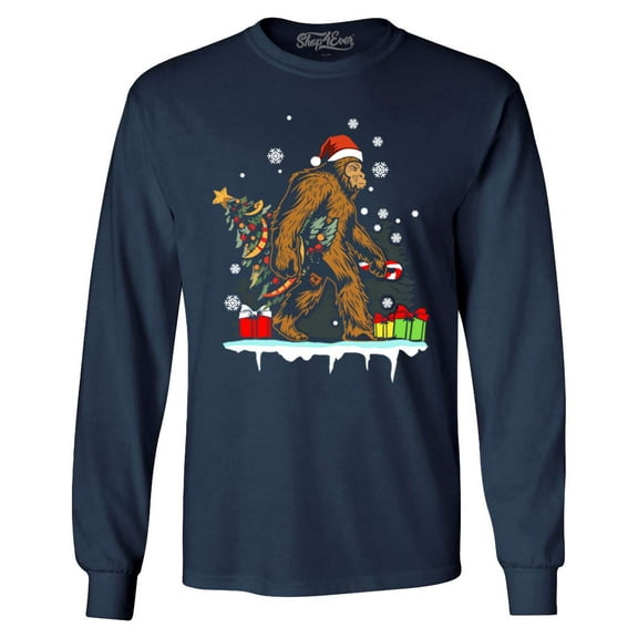 Shop4Ever Men's Bigfoot Santa Christmas Tree Toy Sack Sasquatch Long Sleeve Shirt XX-Large Navy