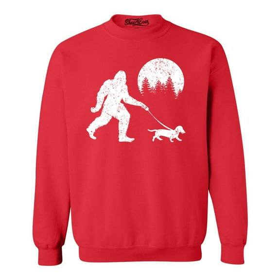 Shop4Ever Men's  Bigfoot Walking Wiener Dog Funny Sasquatch Dachshund Crewneck Sweatshirt Medium Red