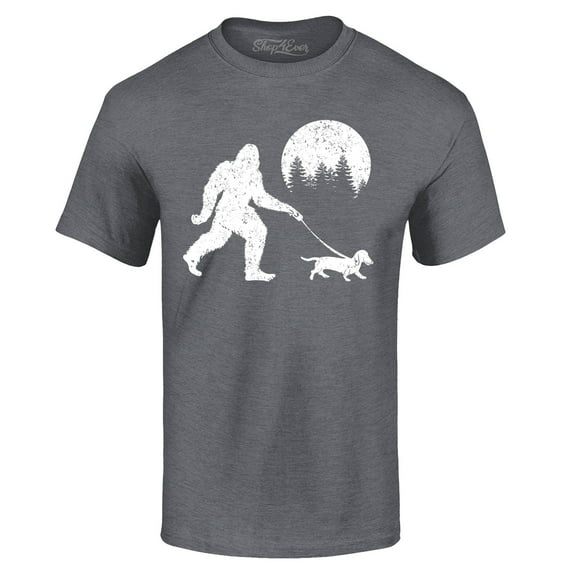 Shop4Ever Men's Bigfoot Walking Wiener Dog Funny Sasquatch Dachshund Graphic T-shirt X-Large Dark Heather