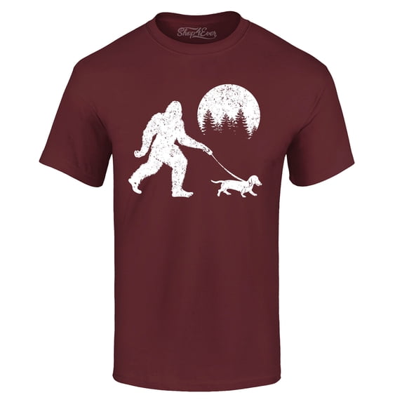 Shop4Ever Men's Bigfoot Walking Wiener Dog Funny Sasquatch Dachshund Graphic T-shirt XX-Large Maroon