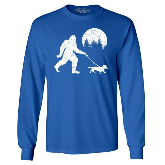 Shop4Ever Men's  Bigfoot Walking Wiener Dog Funny Sasquatch Dachshund Long Sleeve Shirt Large Royal Blue