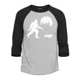 thumbnail image 1 of Shop4Ever Men's  Bigfoot Walking Wiener Dog Funny Sasquatch Dachshund Raglan Baseball Shirt Large Heather Grey/Black, 1 of 4