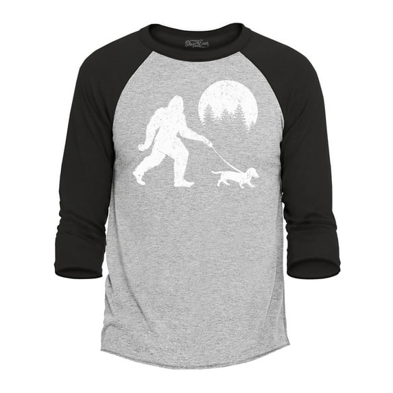 Shop4Ever Men's Bigfoot Walking Wiener Dog Funny Sasquatch Dachshund Raglan Baseball Shirt Large Heather Grey/Black