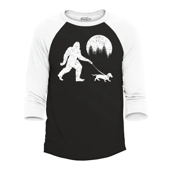 Shop4Ever Men's  Bigfoot Walking Wiener Dog Funny Sasquatch Dachshund Raglan Baseball Shirt Small Black/White