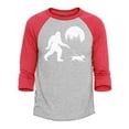 thumbnail image 1 of Shop4Ever Men's  Bigfoot Walking Wiener Dog Funny Sasquatch Dachshund Raglan Baseball Shirt Small Heather Grey/Red, 1 of 4