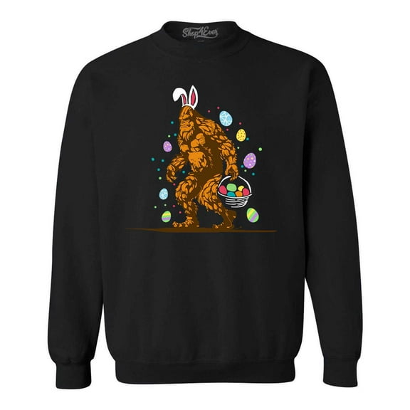 Shop4Ever Men's Bigfoot with Easter Basket and Eggs Funny Crewneck Sweatshirt X-Large Black