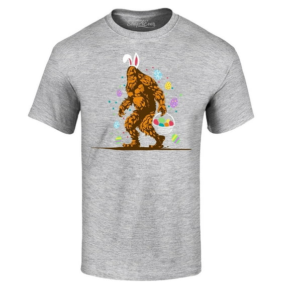 Shop4Ever Men's Bigfoot with Easter Basket and Eggs Funny Graphic T-shirt X-Large Sports Grey