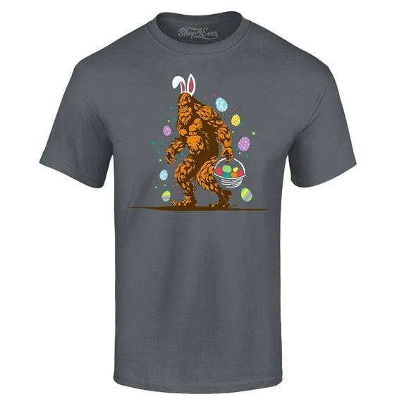 Shop4Ever Men's Bigfoot with Easter Basket and Eggs Funny Graphic T-shirt XXXX-Large Charcoal