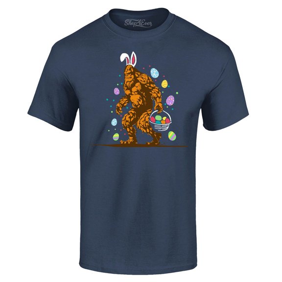 Shop4Ever Men's Bigfoot with Easter Basket and Eggs Funny Graphic T-shirt XXXX-Large Navy