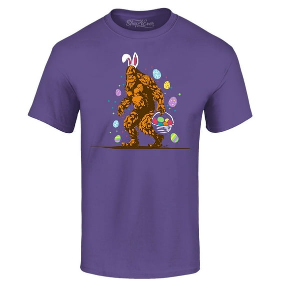 Shop4Ever Men's Bigfoot with Easter Basket and Eggs Funny Graphic T-shirt XXXX-Large Purple